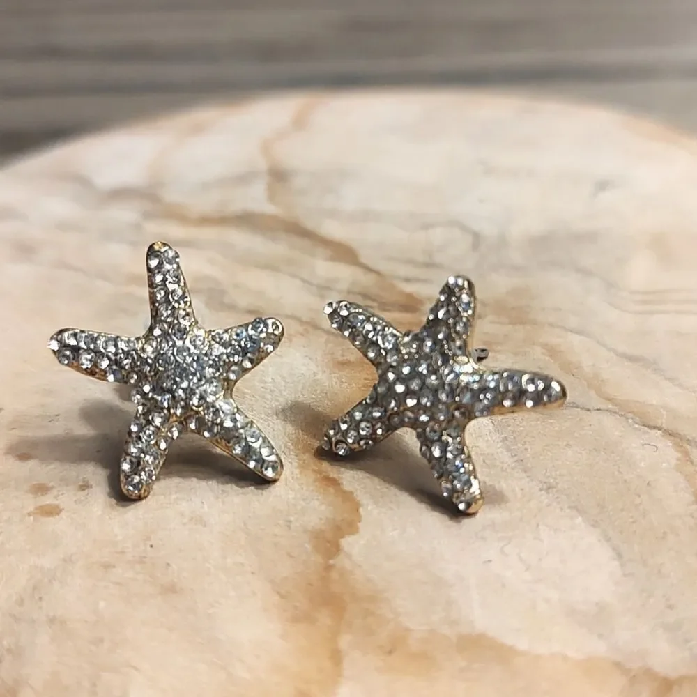 Gold Tone Rhinestone Sparkle Sea Star Pierced Earrings